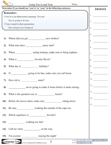You Your You #39 re Worksheet You Your You #39 re Worksheet