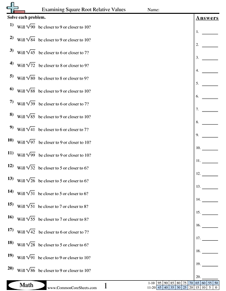 Examining Square Root Relative Values Worksheet | Free - CommonCoreSheets