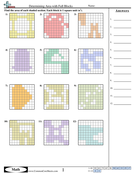 3.md.6 Worksheets - Determining Area with Full Blocks  worksheet