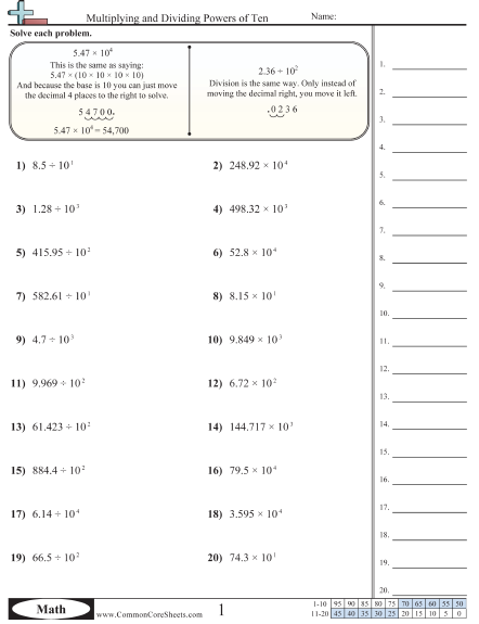 Multiplying and Dividing Powers of Ten Worksheet | Free - CommonCoreSheets