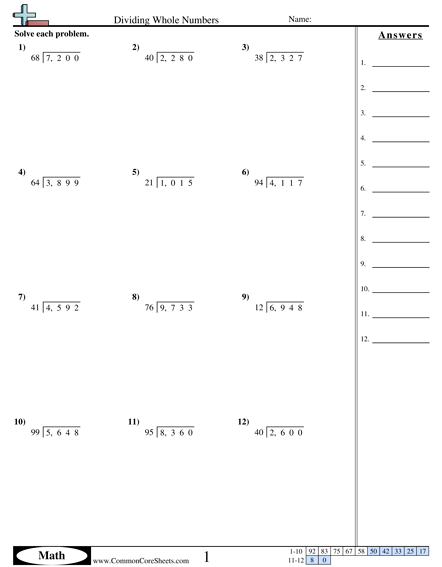 4 ÷ 2 (w/remainder) Worksheet - Dividing Whole Numbers worksheet