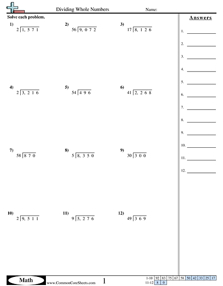 Mixed Division Worksheet - Dividing Whole Numbers worksheet