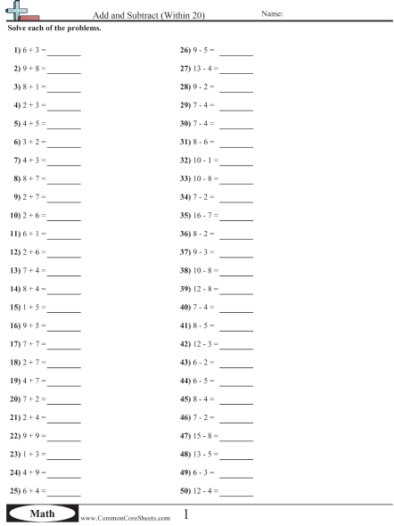 Subtraction under 20 (horizontal) worksheets