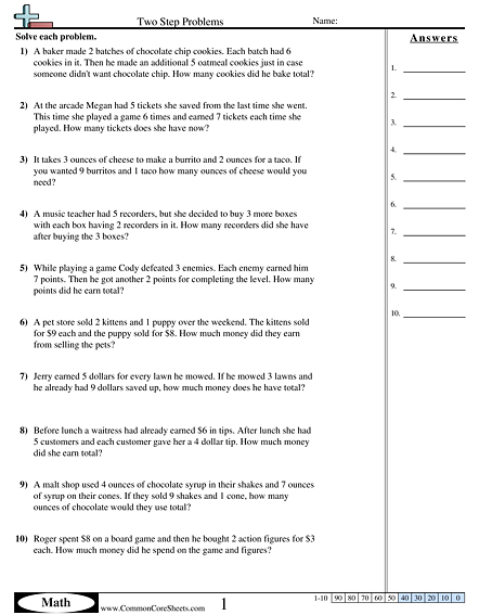 3.oa.8 Worksheets - Two Step Problems worksheet