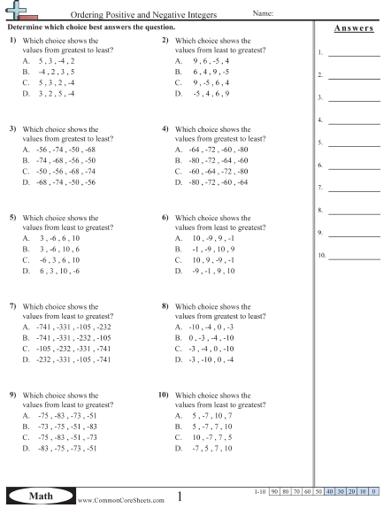 negative number worksheets free commoncoresheets