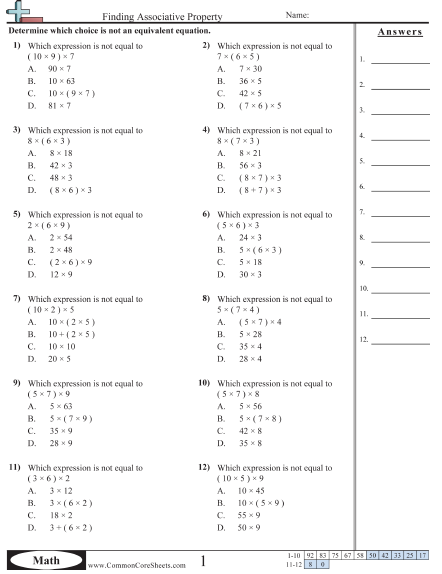 Finding Equivalent Associative Property Worksheet | Free - CommonCoreSheets