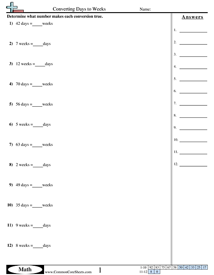 Converting Days to Weeks Worksheet | Free - CommonCoreSheets