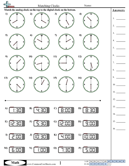 Matching Clocks (Half Hour Increments) Worksheet - Matching Clocks worksheet