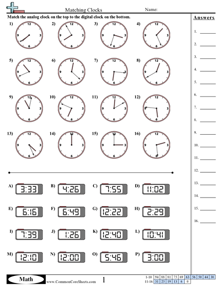Matching Clocks (1 Minute Increments) Worksheet - Matching Clocks worksheet