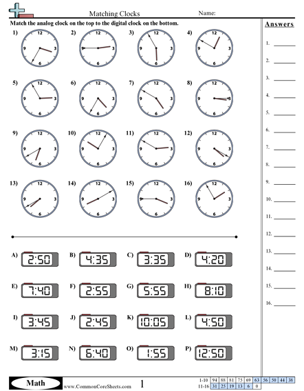 2.md.7 Worksheets - Matching Clocks worksheet