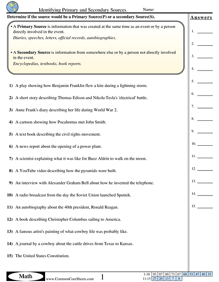 Primary and Secondary Sources Worksheets | Free - CommonCoreSheets